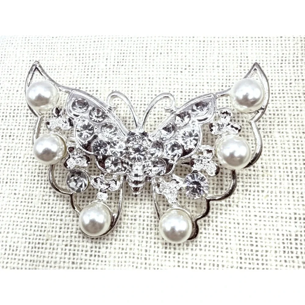 Silver Tone Butterfly‎ Brooch Rhinestone Pearl 2